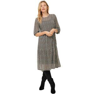 Ellos Women's Plus Black Geometric Print Sheer Overlay Tiered Dress Size 18/20